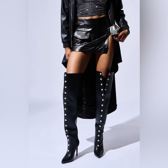 Azalea Wang Shoes - NWT Azalea Wang Elegant Black Over-the-Knee Boots with Silver Studs